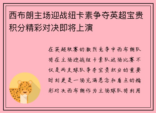 西布朗主场迎战纽卡素争夺英超宝贵积分精彩对决即将上演